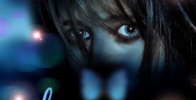 Photo o a girl hiding behind the word silence